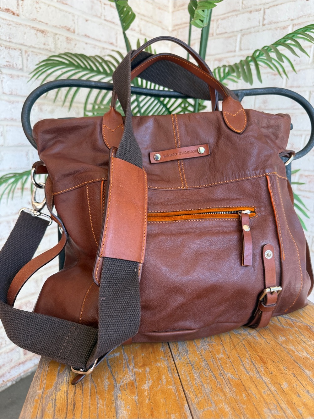 Marco Buggiani Brown Leather Tote with pale Orange Stitching